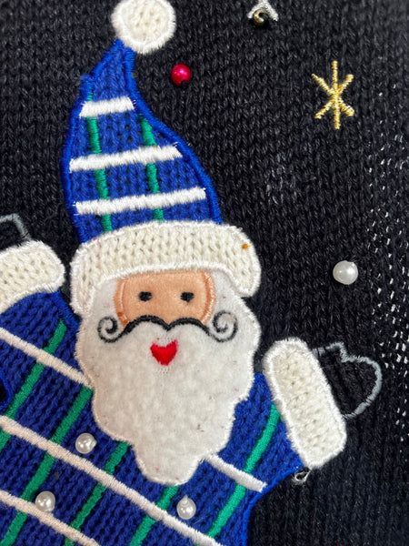 Black Ugly Christmas Sweater Vest Button Up Holiday Party Santa Festive Knit M
