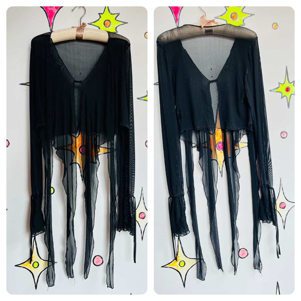 Vintage Y2K Sheer Black Mesh Deconstructed Fairy Goth / Post-Apocalyptic Top