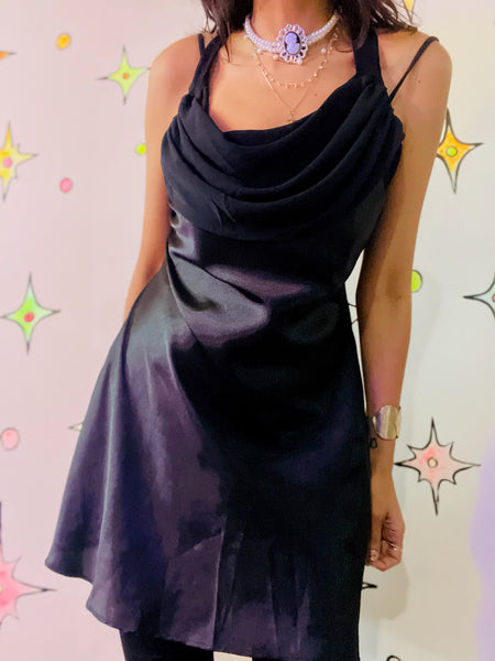 Vintage 90s Black Silky Slip Dress Lingerie Vamp Glam Goth Fairy Grunge M/L