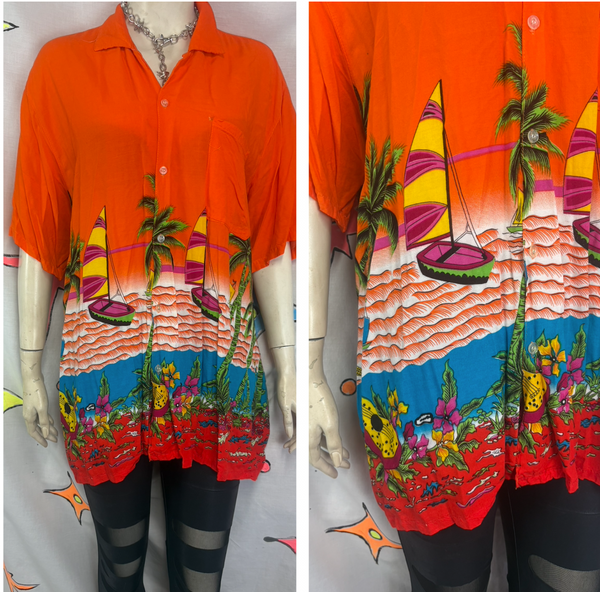 Vintage 90s Hawaiian Tiki Aloha Orange Button Up Party Shirt XL+