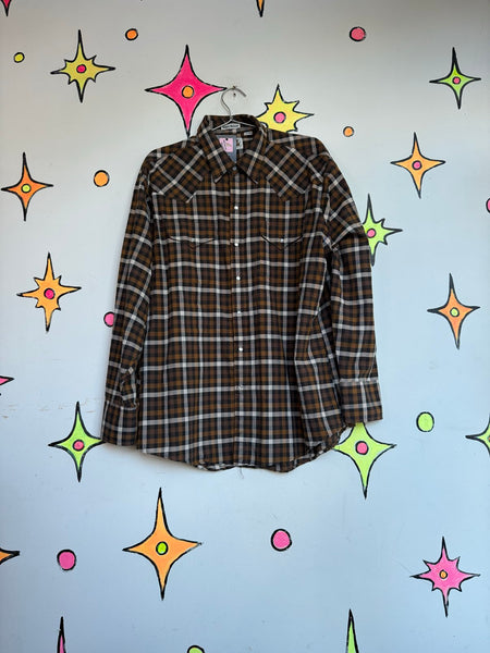 Vintage Western Pearl Snap Shirt Brown Plaid Rodeo Shirt Ely Cattleman Cowboy XL