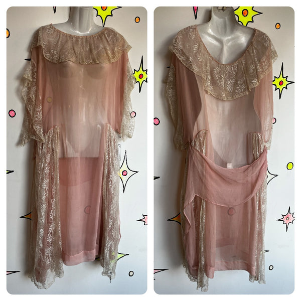 Antique 1900s 20s 30s Pink Fairy Grunge Silk Lace Victorian Babydoll Slip Gown