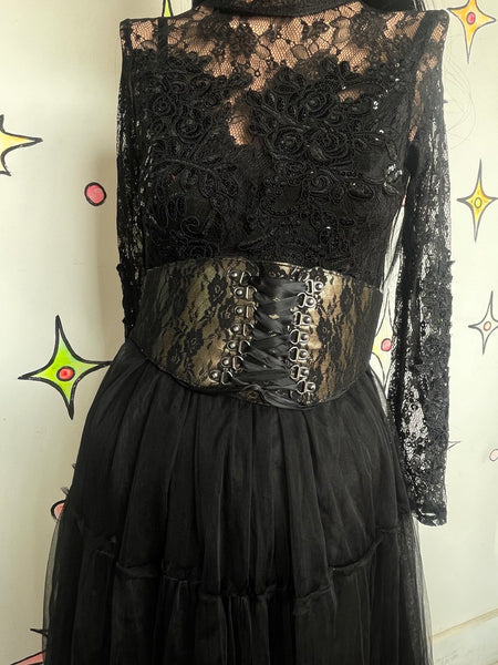 Black Gold Lace Waist Cincher Corset Belt Goth Glam Coquette Lace Up Waist Belt