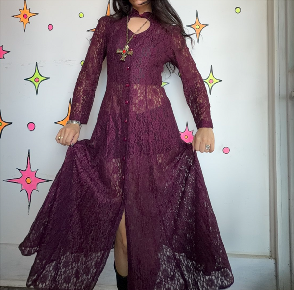 Vintage 90s Merlot Lace Maxi Dress Sheer Romantic Goth Prairie Fairy Grunge - S