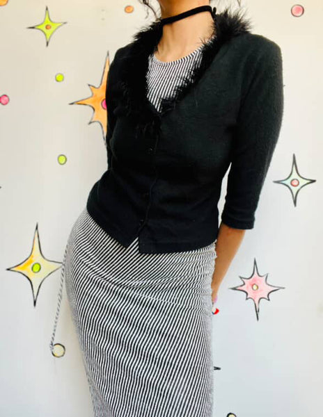 Vintage 90s Black Fuzzy Cardigan with Feather Trim Collar - Grunge Goth Glam - S