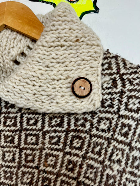 Vintage 60s 70s Brown & Cream Boho Crochet Poncho Capelet with Fringe