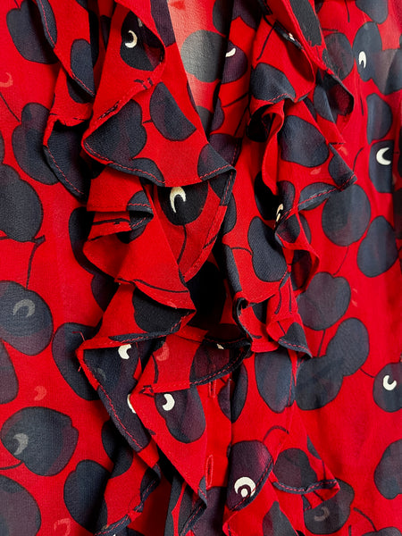 Vintage Y2K Nanette Lepore French Designer Cherry Red Ruffle Sheer Silk Blouse 6