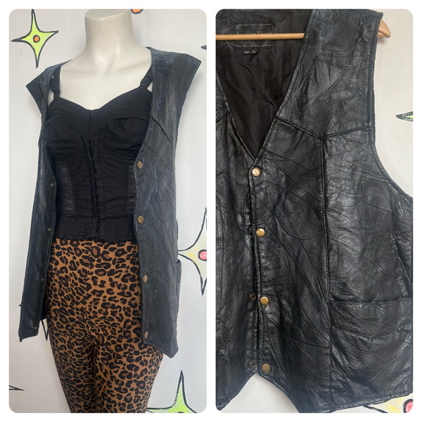 Vintage Black Leather Patchwork Vest Western Goth Grunge Biker - Thrashed XL