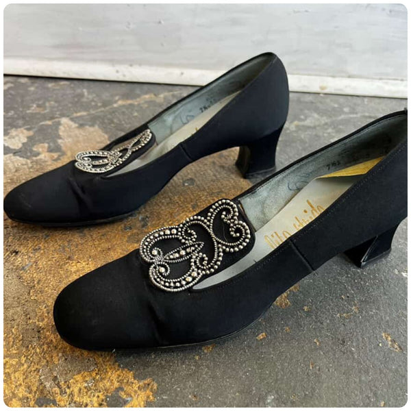 1960s Black Satin Low Heel Loafers – Stud Embellishment– Narrow Fit – Size 6.5/7