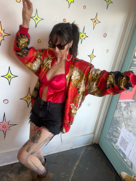 Vintage 80s Red Baroque Bomber Jacket Regal Scarf Print Statement Coat XL+