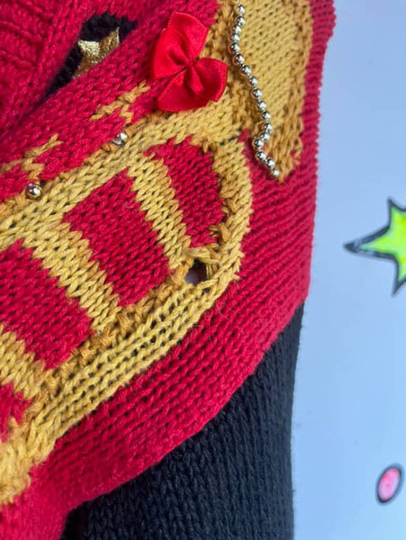 Vintage 80s 90s Ugly Tacky Christmas Party Sweater Cardigan w Teddy Bear M/L