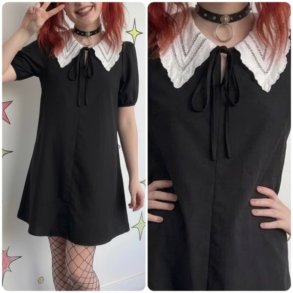 Black Wednesday Addams Dress White Lace Collar Lolita Babydoll Goth Schoolgirl M