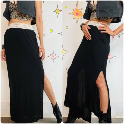 90s Y2K Black Boho Maxi Skirt w Side Slits & Crochet Waist band Fairy Grunge - S