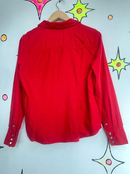 Red Pearl Snap Western Shirt Cowgirl Rodeo Button Up Boho Grunge Cotton Top - L