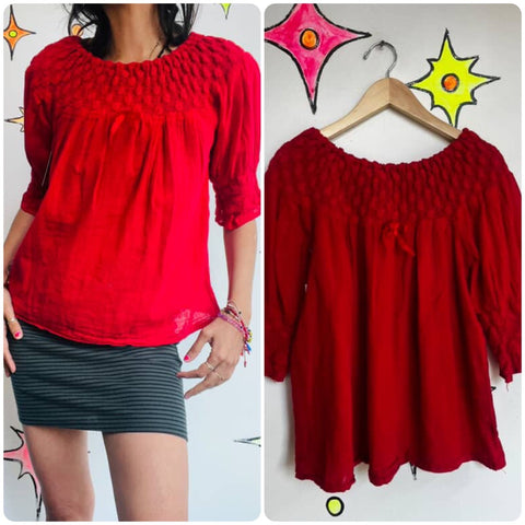 Vintage Cherry Red Gauzy Babydoll Blouse Boho Grunge Peasant Top Cottagecore - S