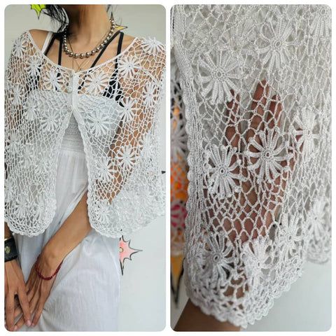 Vintage White Lace Crochet Cape Babydoll Grunge Coquette Cottagecore Free Size