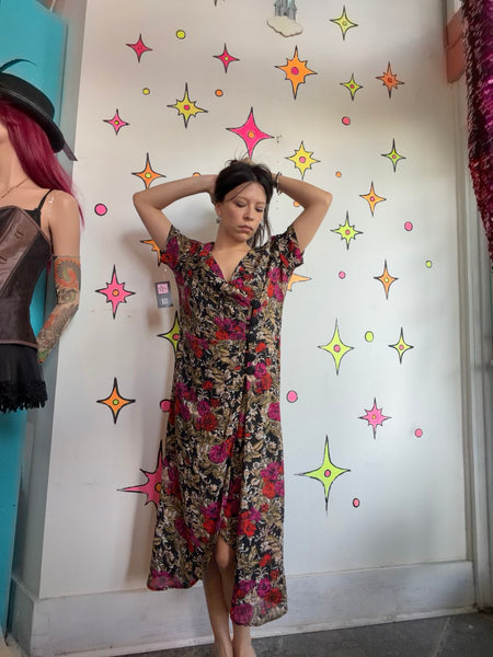 90s Floral Silk Dress Romantic Fairy Grunge Whimsy Goth Office Siren M/L
