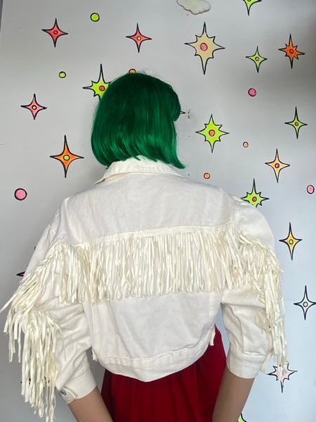 White Denim Fringe Crop Jacket Western Cowgirl Festival Streetwear S