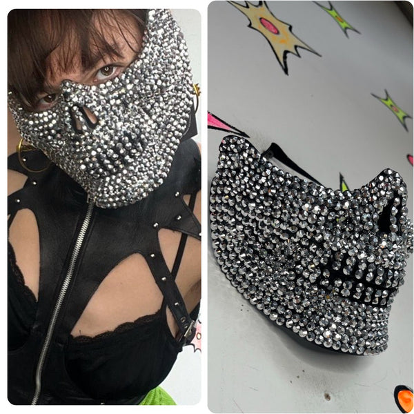 Blinged Out Half Skull Mask Rhinestone Goth Horror Cosplay Mask