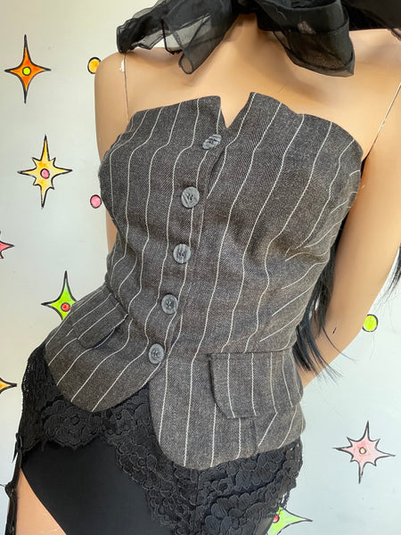 Pinstripe Corset Top Office Siren Academia Preppy Y2K Button Up Bustier - M