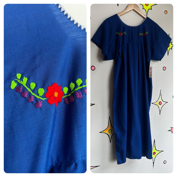 Vintage 60s 70s | Blue Boho Oaxacan Mexican Hand Embroidered Festival Dress