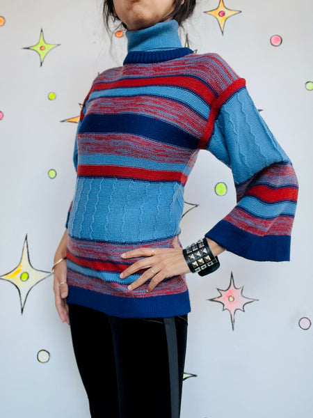 Vintage 70s Blue Turtleneck Striped Pullover Sweater Chunky Grunge Boho Retro S