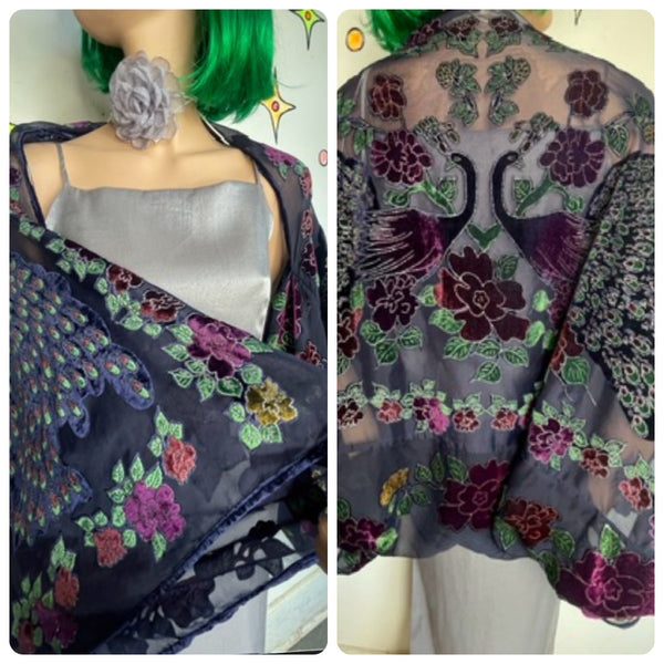 Burnout Velvet Peacock Beaded Shawl Cape Witchy Flapper Whimsy Goth Glam