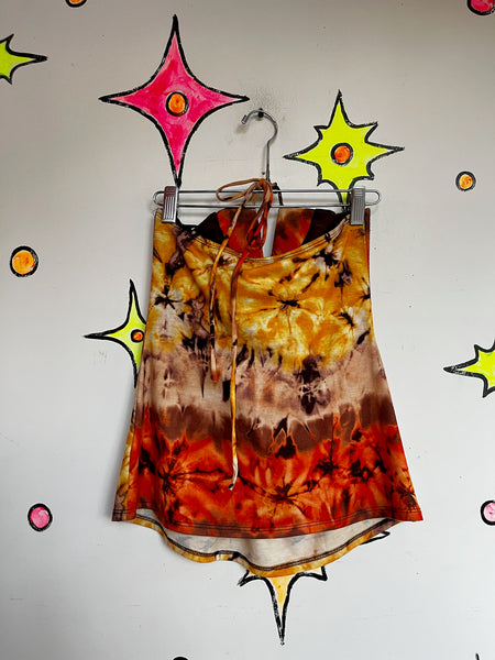 Y2K Orange Fairy Grunge Beaded Tie-Dye Halter Top – Vintage Boho Tee – XS/S