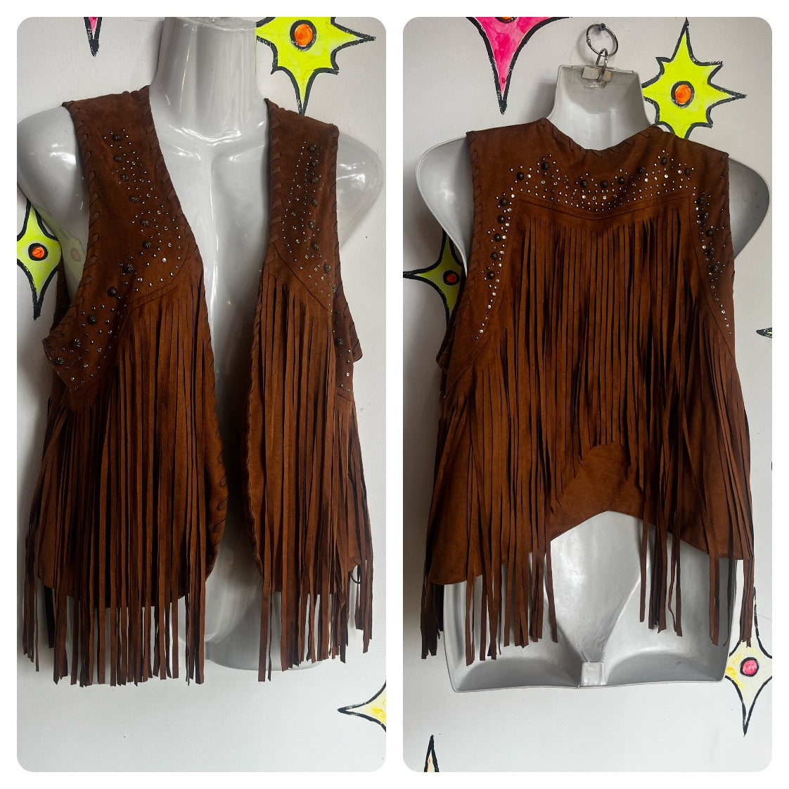 Vintage Y2K 00's | Faux Suede Fringe Rhinestone Vest Cowgirl Biker Western | L