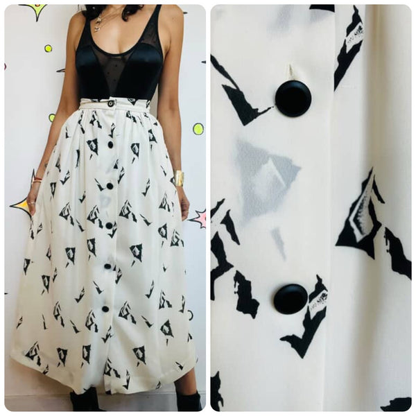 Vintage 70s/80s Boho Grunge Abstract Print Midi Skirt with Pockets – Small