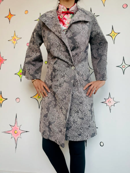 Y2K Silver Paisley Print Coat | Vamp Glam Goth Fairycore Romantic Medium - M