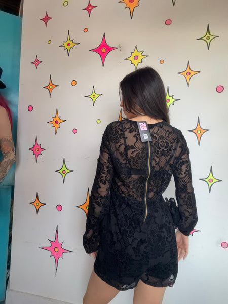 Vintage Black Velvet Burnout Playsuit Goth Fairy Grunge Bell Sleeve Romper L