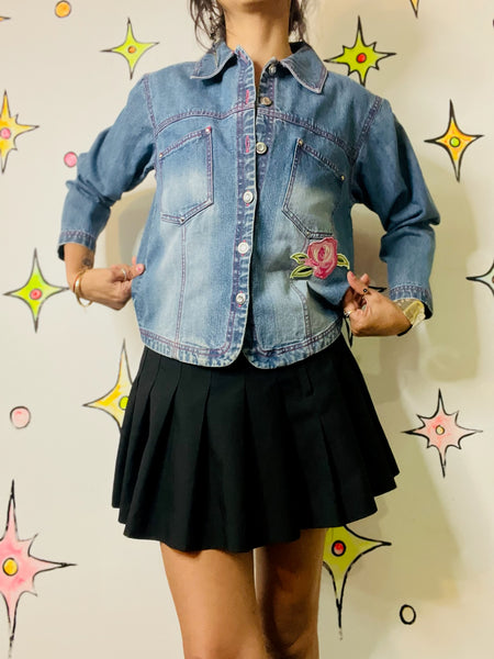 Vintage Y2K Embellished Denim Jean Jacket | ANGEL Roses Patches | Coquette | S