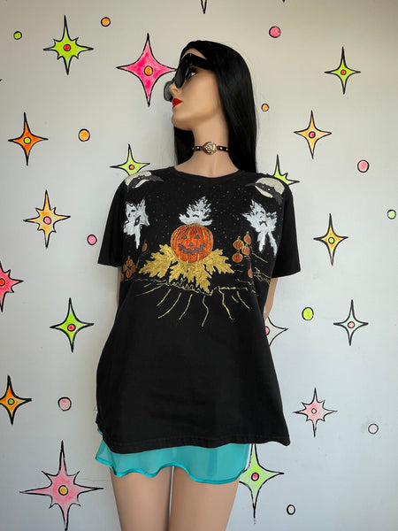 Vintage 80s Halloween Puffy Paint Tee DIY Wearable Art Graphic T Shirt L