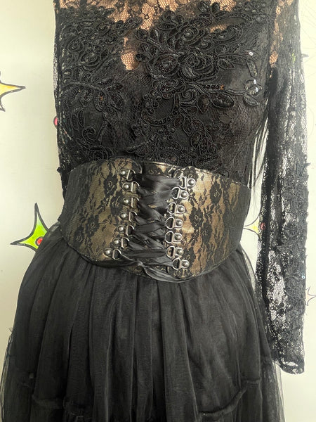 Black Gold Lace Waist Cincher Corset Belt Goth Glam Coquette Lace Up Waist Belt
