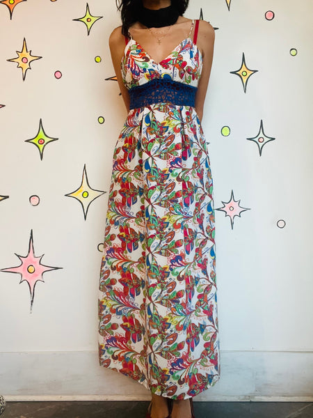 Retro 90s does 70s Rainbow Psychedelic Groovy Floral Maxi Dress S/M