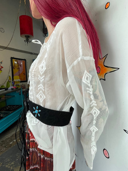 White Sheer Western Boho Embroidered Blouse Top Oversized Layering Piece XL