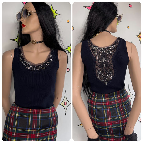 Y2K Beaded Ribbed Top Navy Blue Sequin Fairy Grunge Glam 2000s Party top - S/M