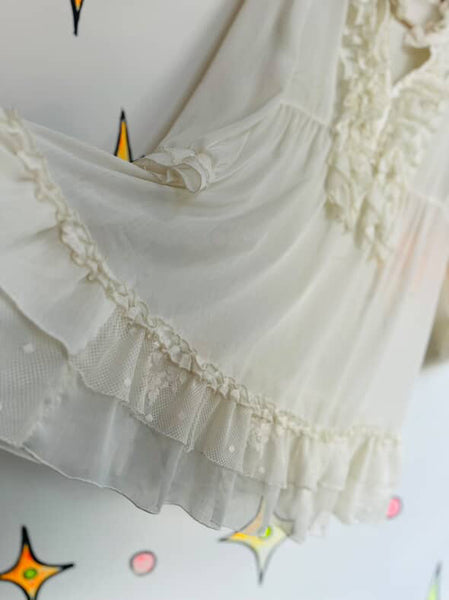 Vintage 90s Y2K Sheer White Ruffle Neck Pirate Victorian Dress Romantic Boho | M