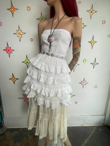 White Ruffle Babydoll Cotton Dress Western Whimsy Fairy Dollcore Coquette L