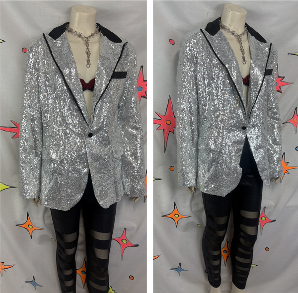 Vintage Silver Sequin Maximalist Smoking Jacket Men's Party Blazer Tuxedo XL