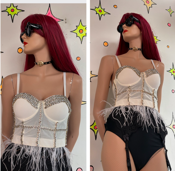 White Rhinestone Mesh Bustier Crop Top Ostrich Feather Trim Glam Baddie S