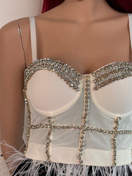 White Rhinestone Mesh Bustier Crop Top Ostrich Feather Trim Glam Baddie S