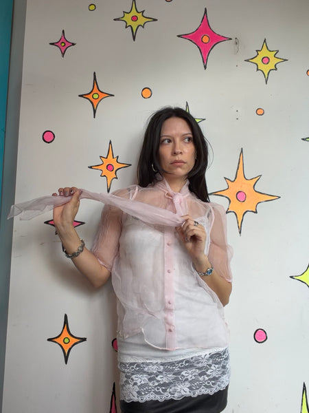 Pastel Pink Organza Sheer Bow Blouse Dollcore Victorian Balletcore Fairy Top M