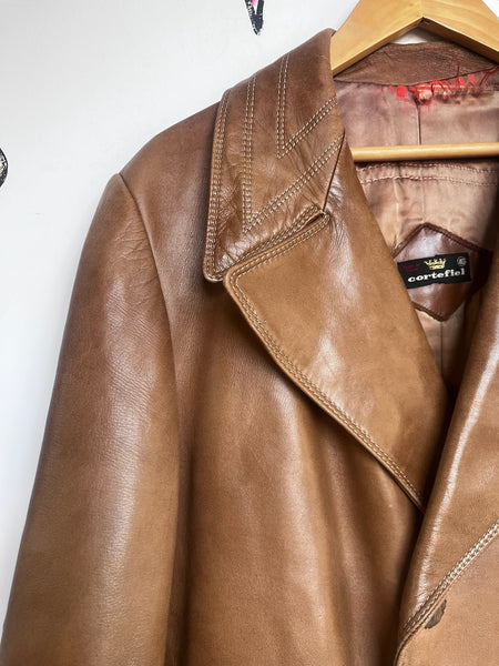Vintage 70s Brown Leather Coat | Long Trench-Style Jacket | Worn-In Patina ML