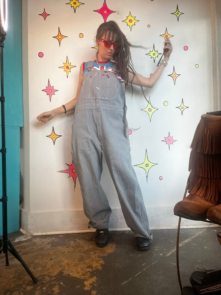 Vintage Dickies Railroad Pinstripe 38x30 Denim Bib Overalls Workwear Grunge XL