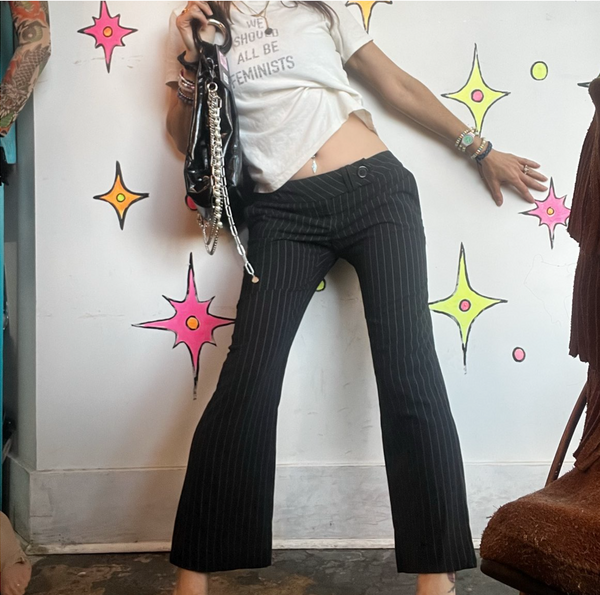 90s Y2K Pinstripe Flare Pants Low Rise Trousers Indie Sleaze Goth Grunge XS
