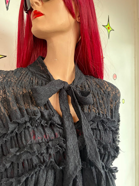 Romantic Y2K Dark Gothic Tiered Lace Blouse Bow Neck Vampire Siren Top XL