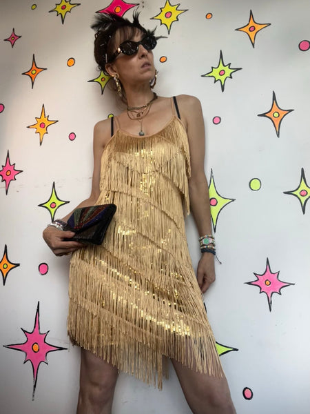 Vintage Gold Fringe Flapper Dress 20s Gatsby Party Mini 60s GoGo Disco Costume M