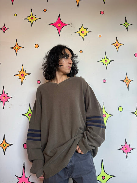 Vintage Y2K Olive Green Striped Sweater Emo Grunge Oversized Skater Pullover L